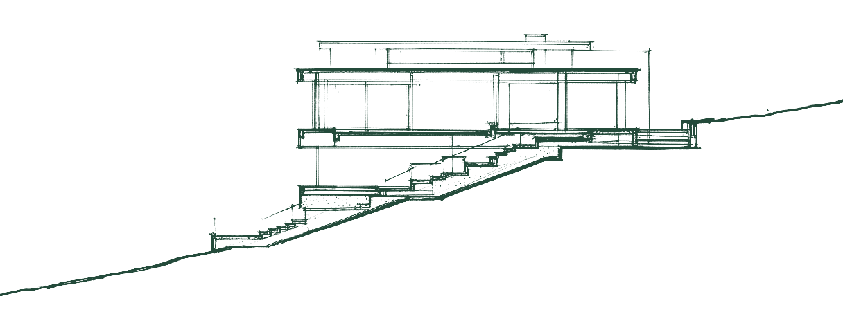 Section study of a house stepping down sloping ground. Not a survey.