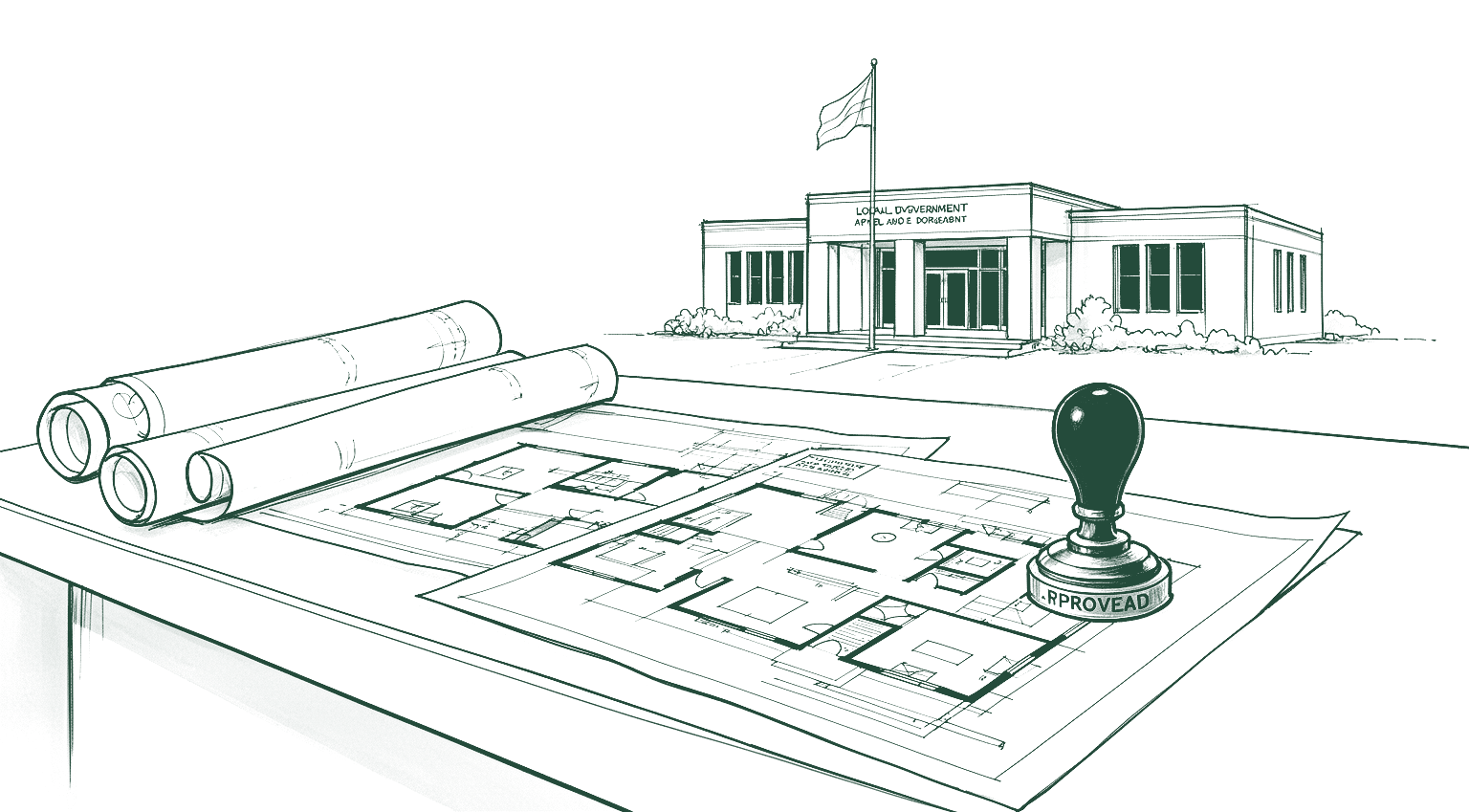Concept line illustration for a note on approvals. Not a photograph of a built project.