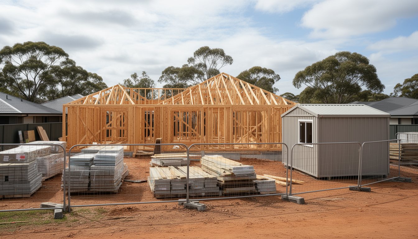 A residential construction site in Australia with a partly framed timber house, stacked materials and a site shed