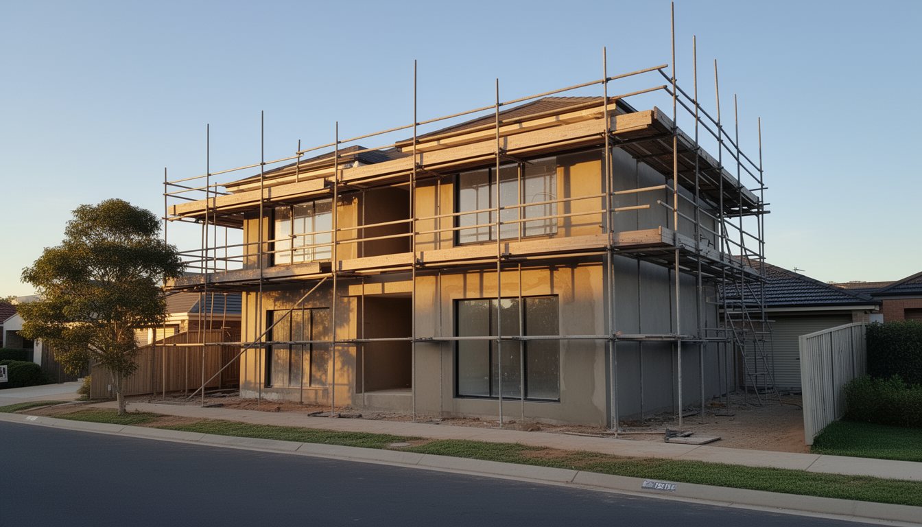 A near-complete two storey house wrapped in scaffolding with fresh render on a quiet Australian suburban street