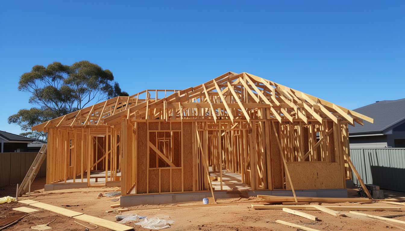 The timber wall and roof frames of a new house under construction on a suburban Australian block under a blue sky
