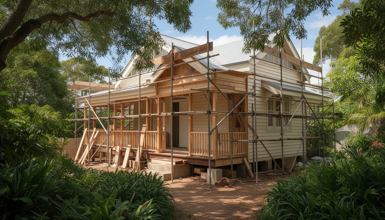 A weatherboard house with a new timber veranda frame, wrapped in scaffolding and surrounded by garden